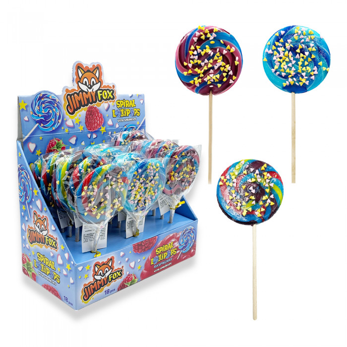 Jimmy Fox - Spiral Lollipops Raspberry with sprinkles 50g